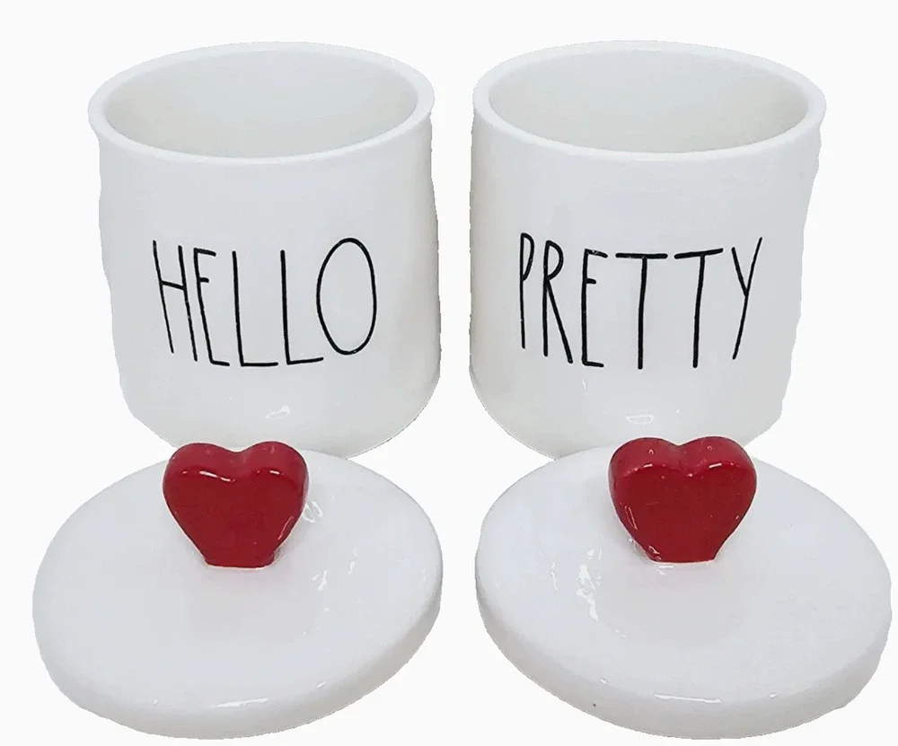 Rae Dunn Hello Pretty 2 Small Canister With Red Heart Knob
